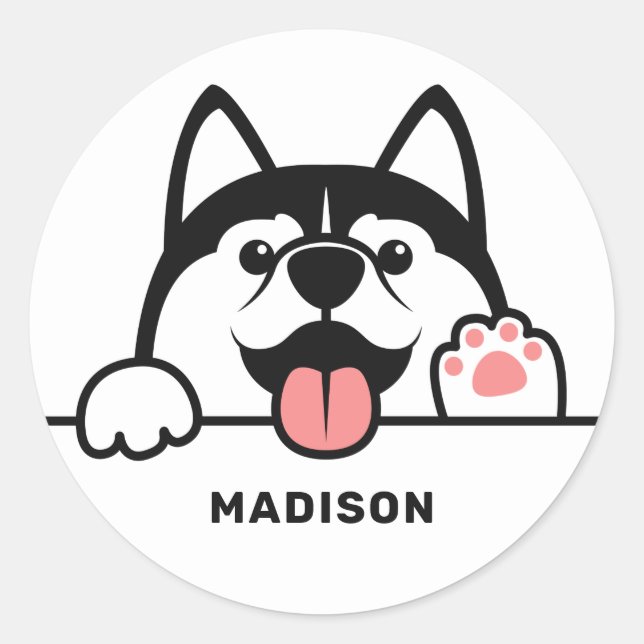 Custom Name Cute Siberian Husky Classic Round Sticker (Front)