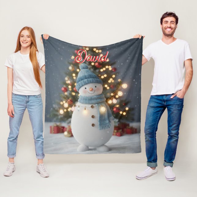 Custom Name Cute Snowman Christmas Fleece Blanket (In Situ)
