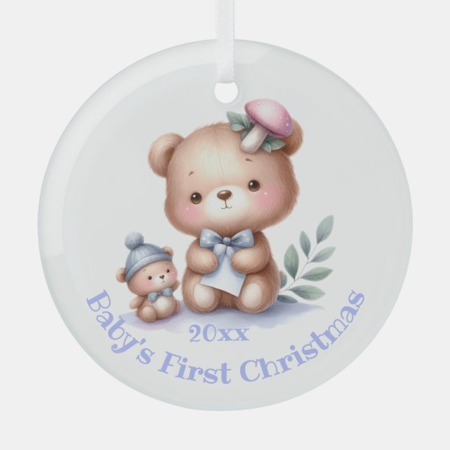 Custom Name Cute Teddy Bear Animal Art Glass Tree Decoration (Front)