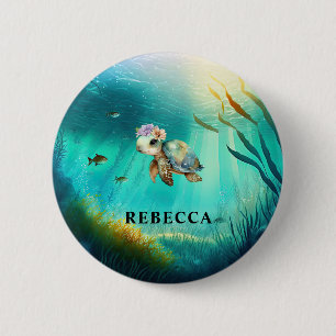 Custom Name Cute Turtle Ocean Background Kids  6 Cm Round Badge