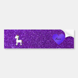 Custom name cute unicorn purple glitter heart bumper sticker