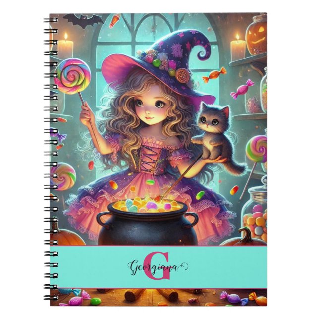 Custom Name Cute Whimsical Witch Halloween Treats Notebook (Front)