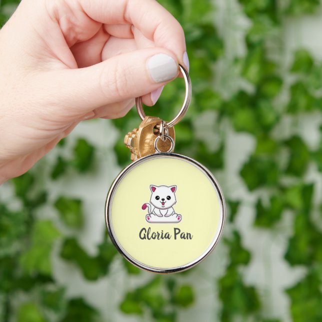 Custom name cute white cat on yellow key ring (Hand)