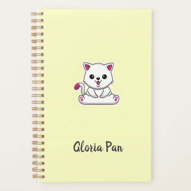 Custom name cute white cat on yellow planner (Front)