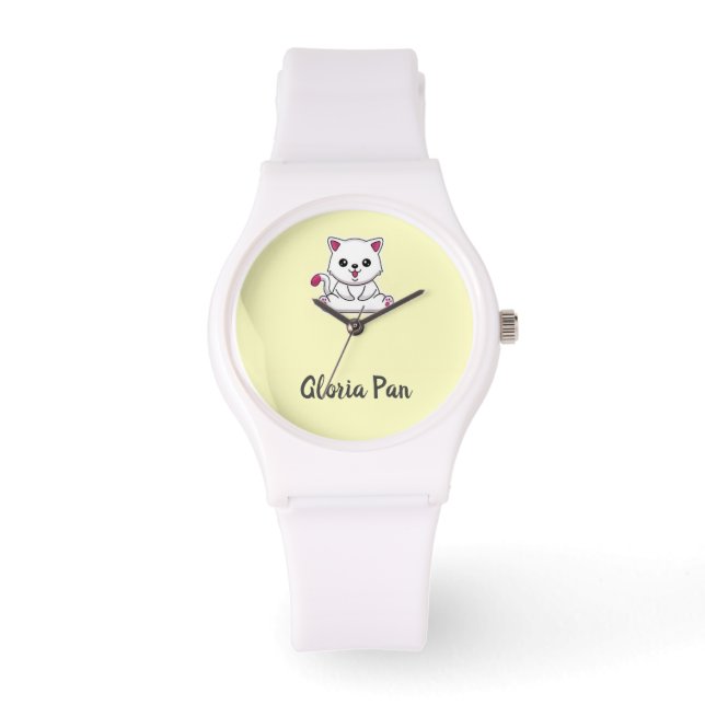 Custom name cute white cat on yellow watch (Front)