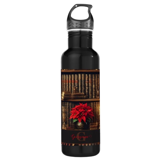 Custom Name Dark Academia Poinsettia Bookshelf 710 Ml Water Bottle (Front)