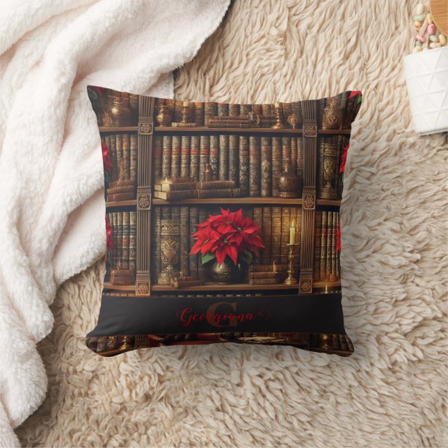 Custom Name Dark Academia Poinsettia Bookshelf Cushion (Blanket)