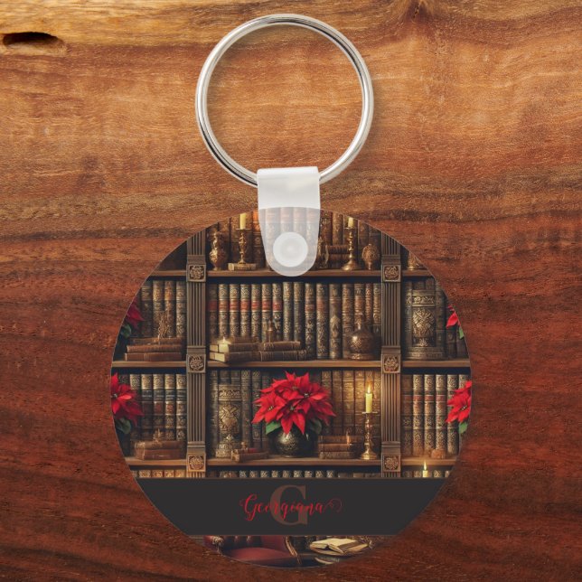 Custom Name Dark Academia Poinsettia Bookshelf Key Ring (Front)