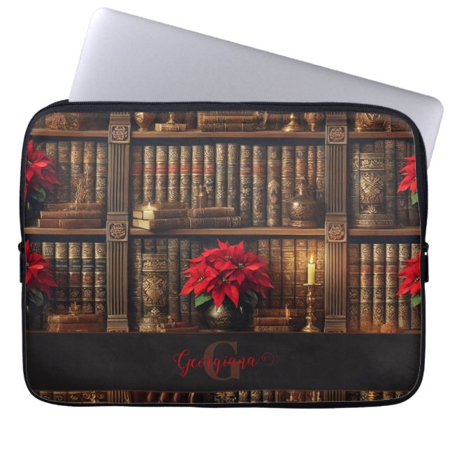 Custom Name Dark Academia Poinsettia Bookshelf Laptop Sleeve (Front)