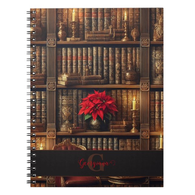 Custom Name Dark Academia Poinsettia Bookshelf Notebook (Front)