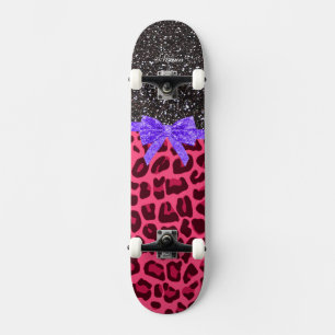 Custom name dark grey glitter pink leopard bow skateboard