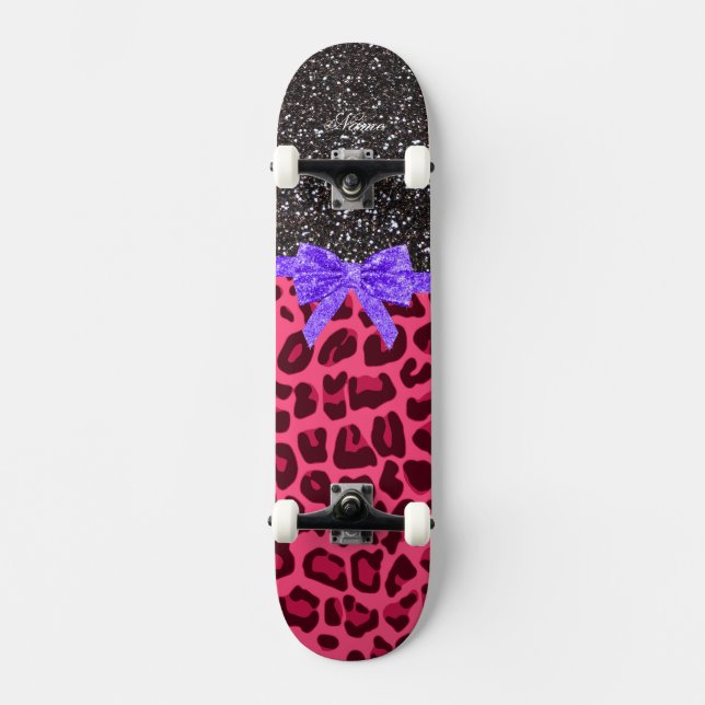 Custom name dark grey glitter pink leopard bow skateboard (Front)