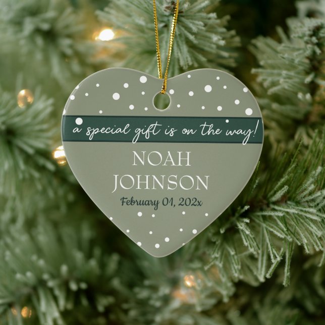 Custom Name & Date Baby on the Sage Green Snowy Ceramic Ornament (Tree)