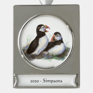Custom Name Date Cute Puffin Birds Silver Plated Banner Ornament