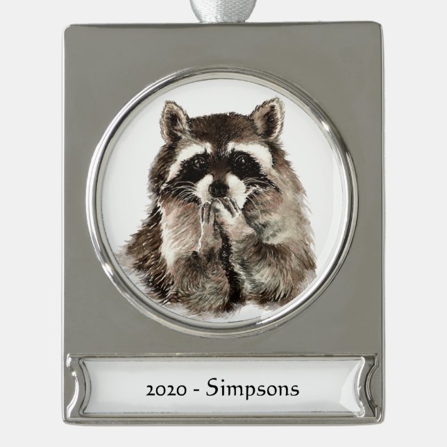 Custom Name Date Cute Racoon Blowing Kisses Fun Silver Plated Banner Ornament (Front)