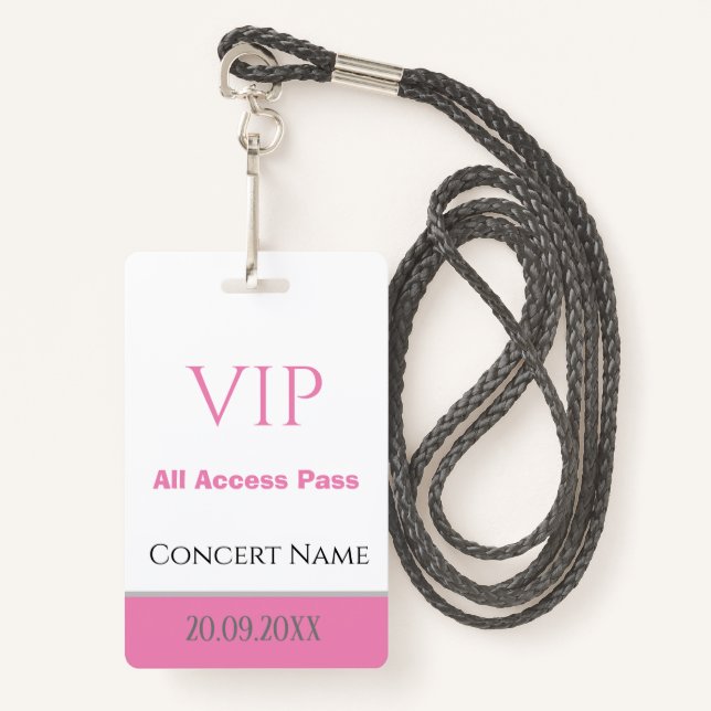 Custom Name Date VIP All Access Pass Concert Pink ID Badge (Front with Lanyard)