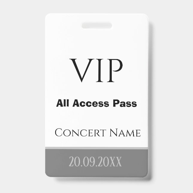 Custom Name Date VIP All Access Pass Grey Concert ID Badge (Front)