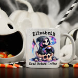 Custom Name Dead Before Coffee Funny Halloween Coffee Mug<br><div class="desc">Custom Text Personalised Grim Reaper Coffee Mug - 'Dead Before Coffee' Funny Halloween Mug for Women - Perfect Gift for Coffee Lovers & Spooky Enthusiasts. This unique coffee mug features a playful watercolor illustration of a cute Grim Reaper drinking coffee inside a skull, surrounded by smaller skulls. The vibrant design...</div>