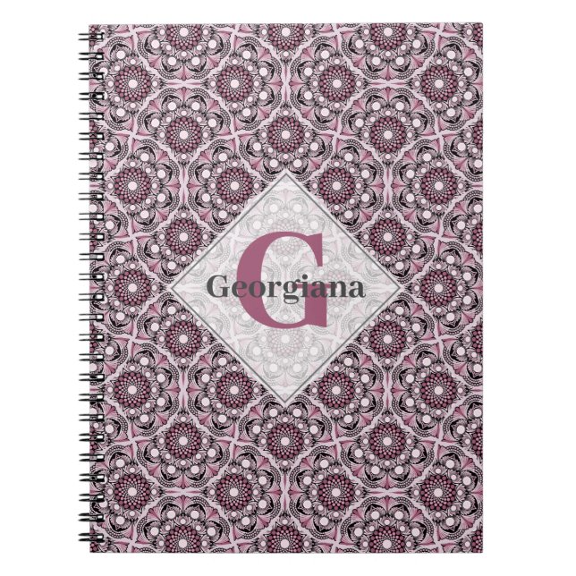Custom Name Deco Dusky Rose Cherry Blossom Mandala Notebook (Front)