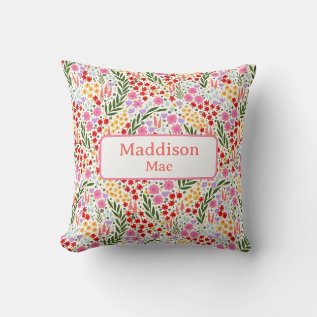 Custom Name Decor Colourful Floral Nursery Art Cushion (Front)
