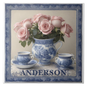 Custom Name Delft Blue Flowers Vase Ceramic Tile