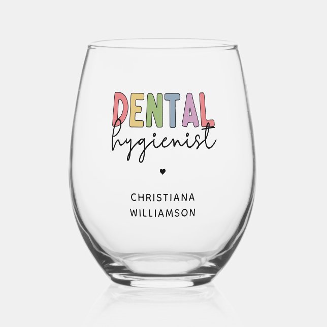 Custom Name Dental Hygienist RDH Gifts Stemless Wine Glass (Front)