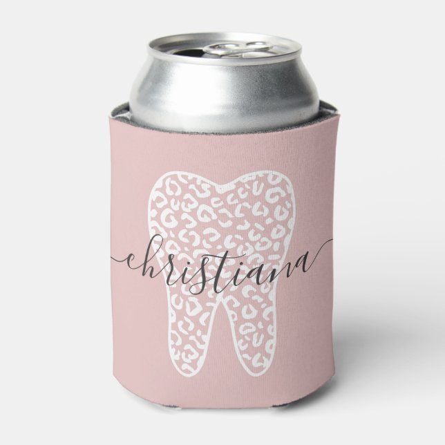 Custom Name Dental Leopard Print Tooth Can Cooler (Can Front)