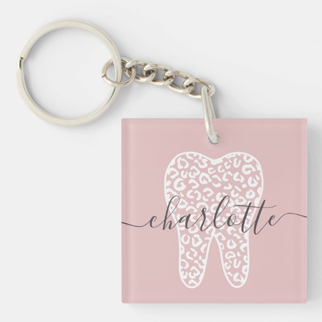 Custom Name Dental Leopard Print Tooth Gift Key Ring (Front)
