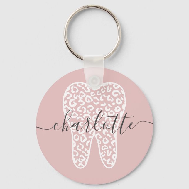 Custom Name Dental Leopard Print Tooth Gift Key Ring (Front)