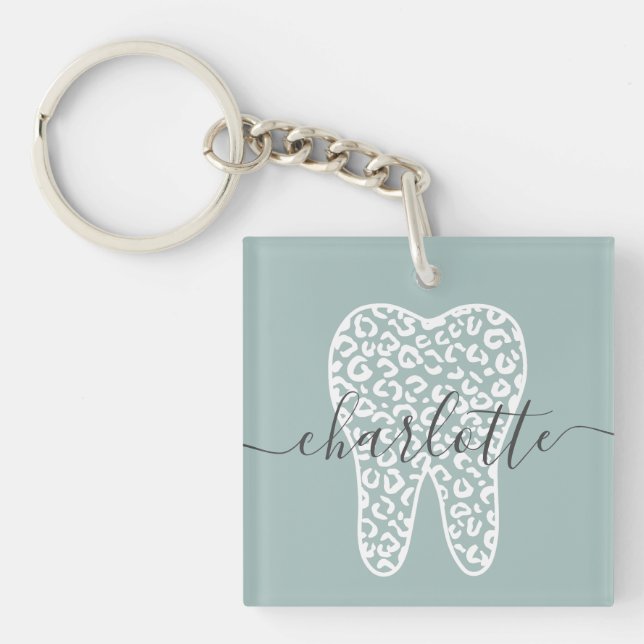 Custom Name Dental Leopard Print Tooth Gift Key Ring (Front)