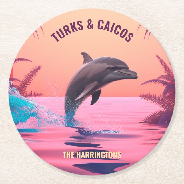Custom Name & Destination Dolphin Round Paper Coaster (Front)