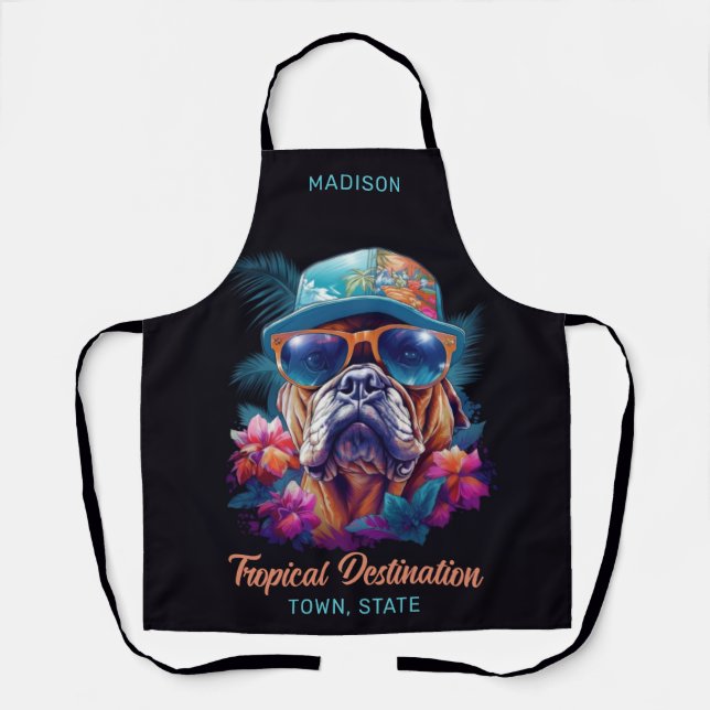 Custom Name & Destination Tropical Vacation Dog Apron (Front)