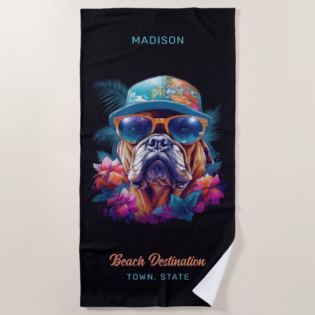 Custom Name & Destination Tropical Vacation Dog Beach Towel (Front)