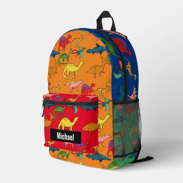 Custom Name Dinosaur Boy's Rainbow Backpack (Back Corner Right)