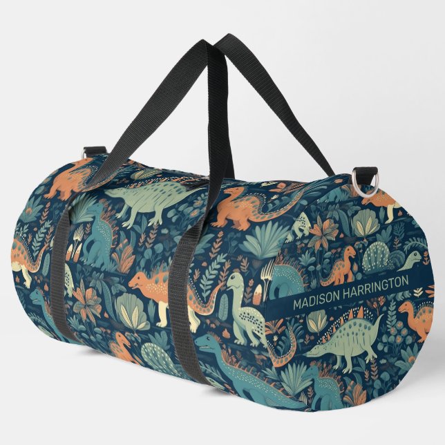 Custom Name Dinosaur Pattern Duffle Bag (Left Corner)