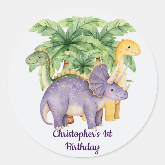 Custom Name Dinosaurs Palm Trees Classic Round Sticker (Front)