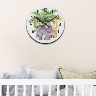 Custom Name Dinosaurs Palm Trees Nursery Round Clock