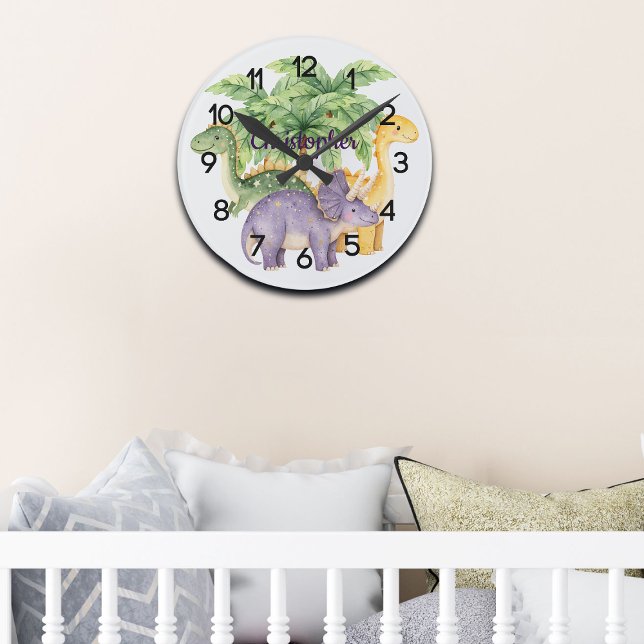 Custom Name Dinosaurs Palm Trees Nursery Round Clock (Creator Uploaded)