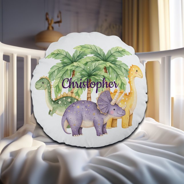 Custom Name Dinosaurs Palm Trees Round Cushion (Creator Uploaded)
