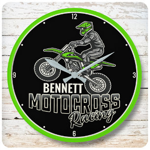 Custom NAME Dirt Bike Rider Motocross Racing Large Clock
