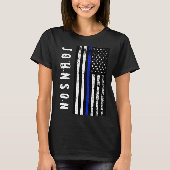 Custom Name Distressed Police Style USA Flag T-Shirt (Front)