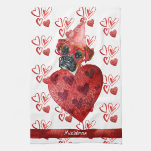 Custom Name Dog Lover Valentine Gift Boxer Tea Towel
