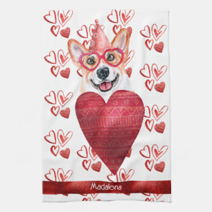 Custom Name Dog Lover Valentine Gift Corgi Tea Towel