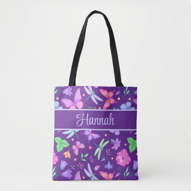 Custom Name dragonfly and butterfly purple pink Tote Bag (Front)