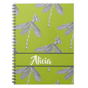 Custom name dragonfly on green notebook