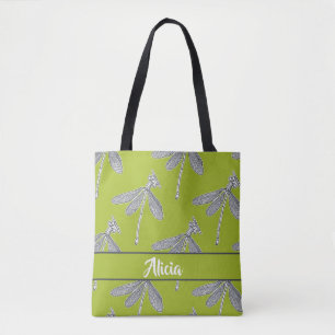 Custom name dragonfly on green tote bag