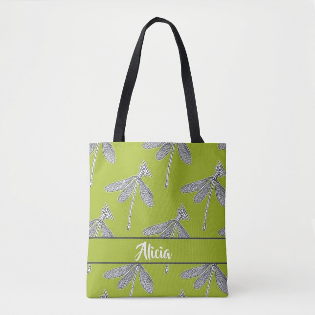 Custom name dragonfly on green tote bag (Front)