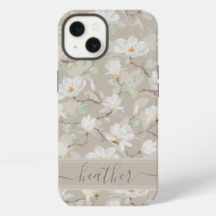 Custom Name Drawn White Magnolia on Blush Beige iPhone 13 Case