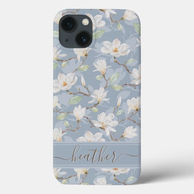Custom Name Drawn White Magnolia on Dusty Green Ca Case-Mate iPhone Case (Back)