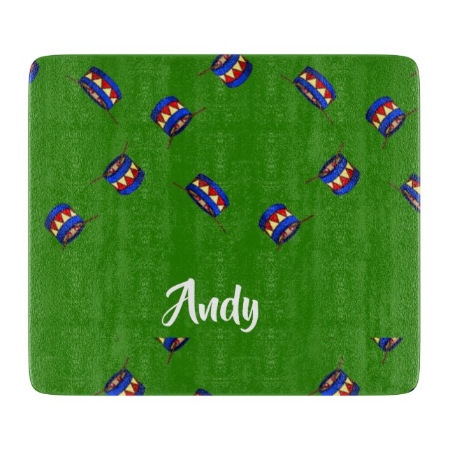 Custom name drums pattern on green cutting board (Front)